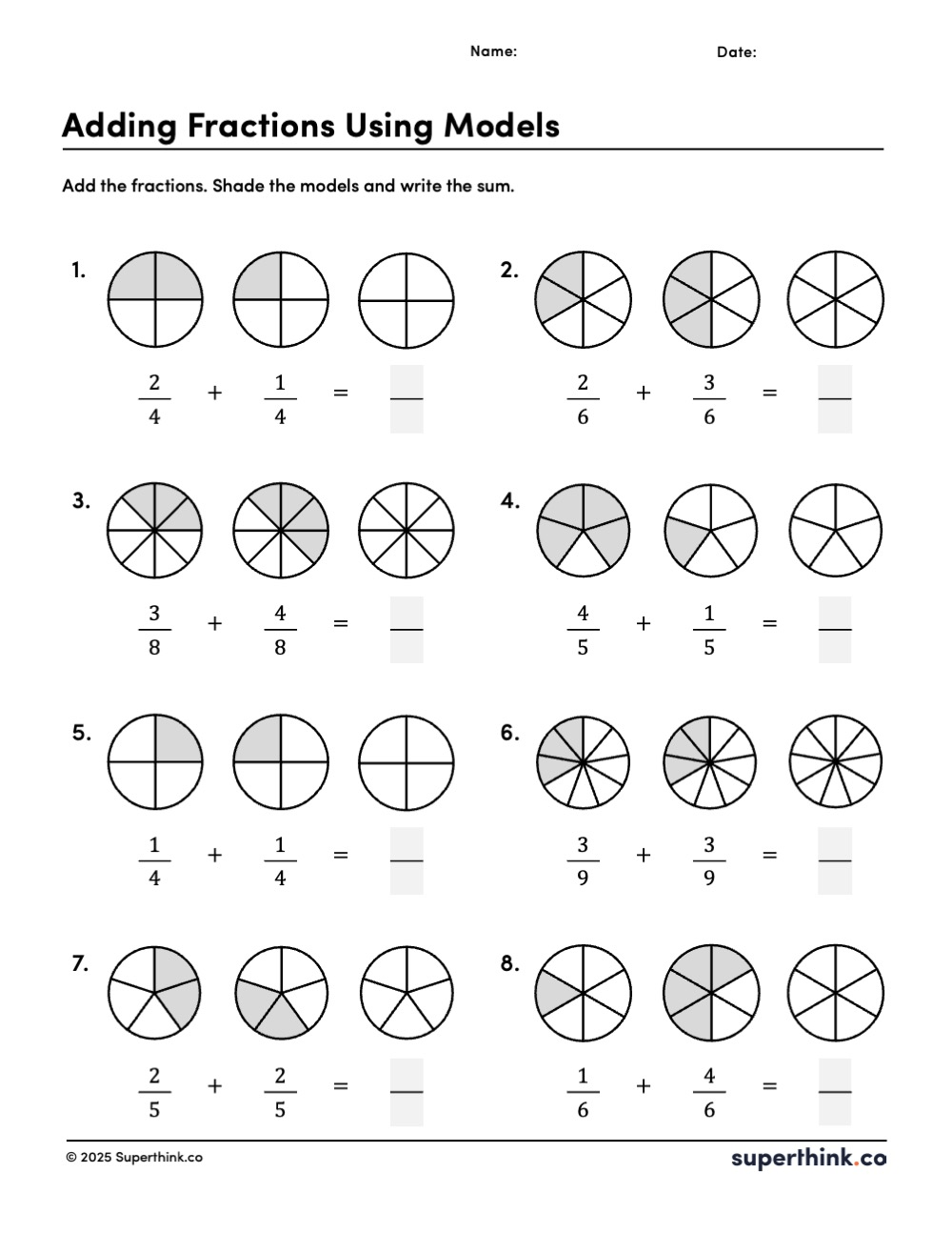 Printable adding fractions using models worksheet with visual fraction circles and fraction addition problems for upper elementary students.