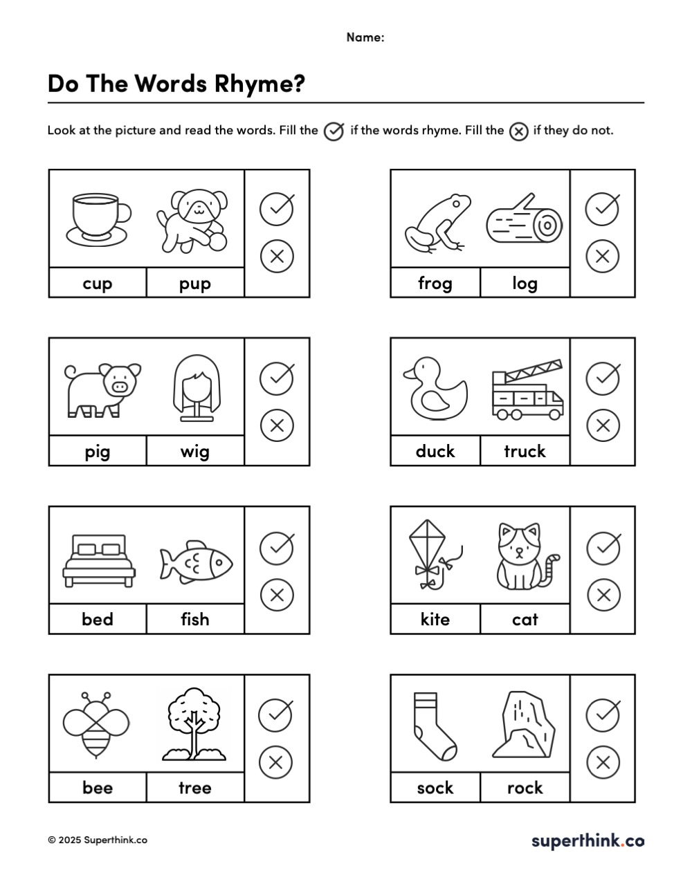 Printable rhyming worksheet with picture pairs where students fill a checkmark if words rhyme or an X if they do not.