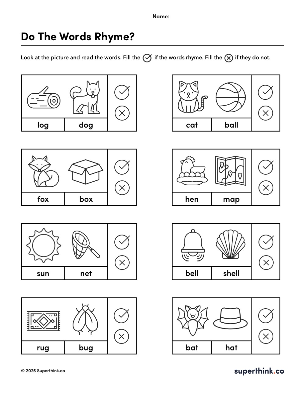 Black-and-white kindergarten rhyming words worksheet titled “Do the Words Rhyme?” featuring picture pairs and checkmark or X choices to identify rhyming and non-rhyming words.
