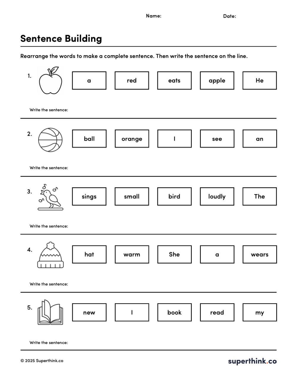 Black-and-white Sentence Building worksheet for Grades 1–2 with five picture prompts and word bank boxes. Students rearrange words to make a complete sentence and then write the sentence on a line. Prompts include an apple, ball, singing bird, warm hat, and book.