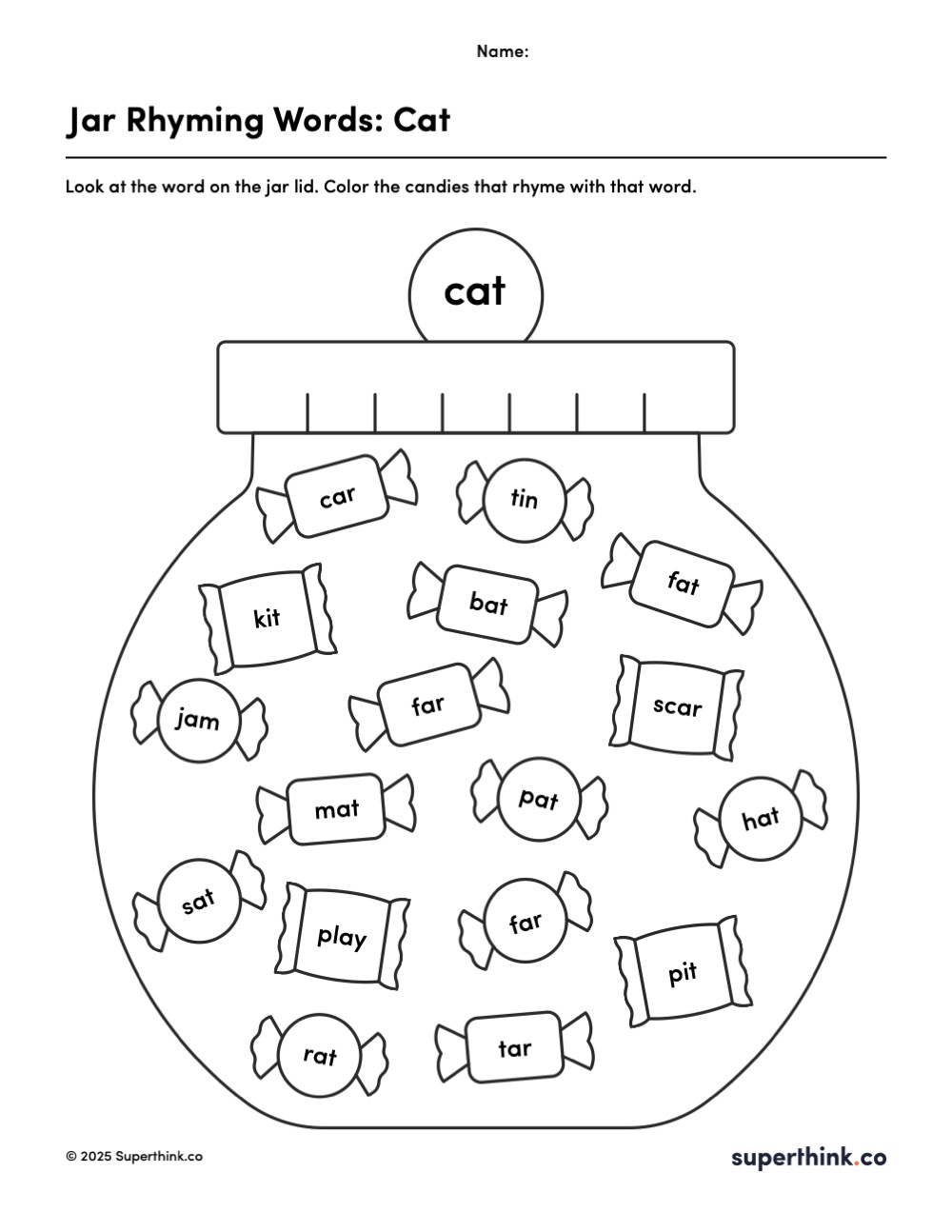 Jar rhyming words worksheet for kindergarten showing a jar labeled “cat” with candy words inside. Students color the candies that rhyme with cat, including bat, hat, mat, and rat.