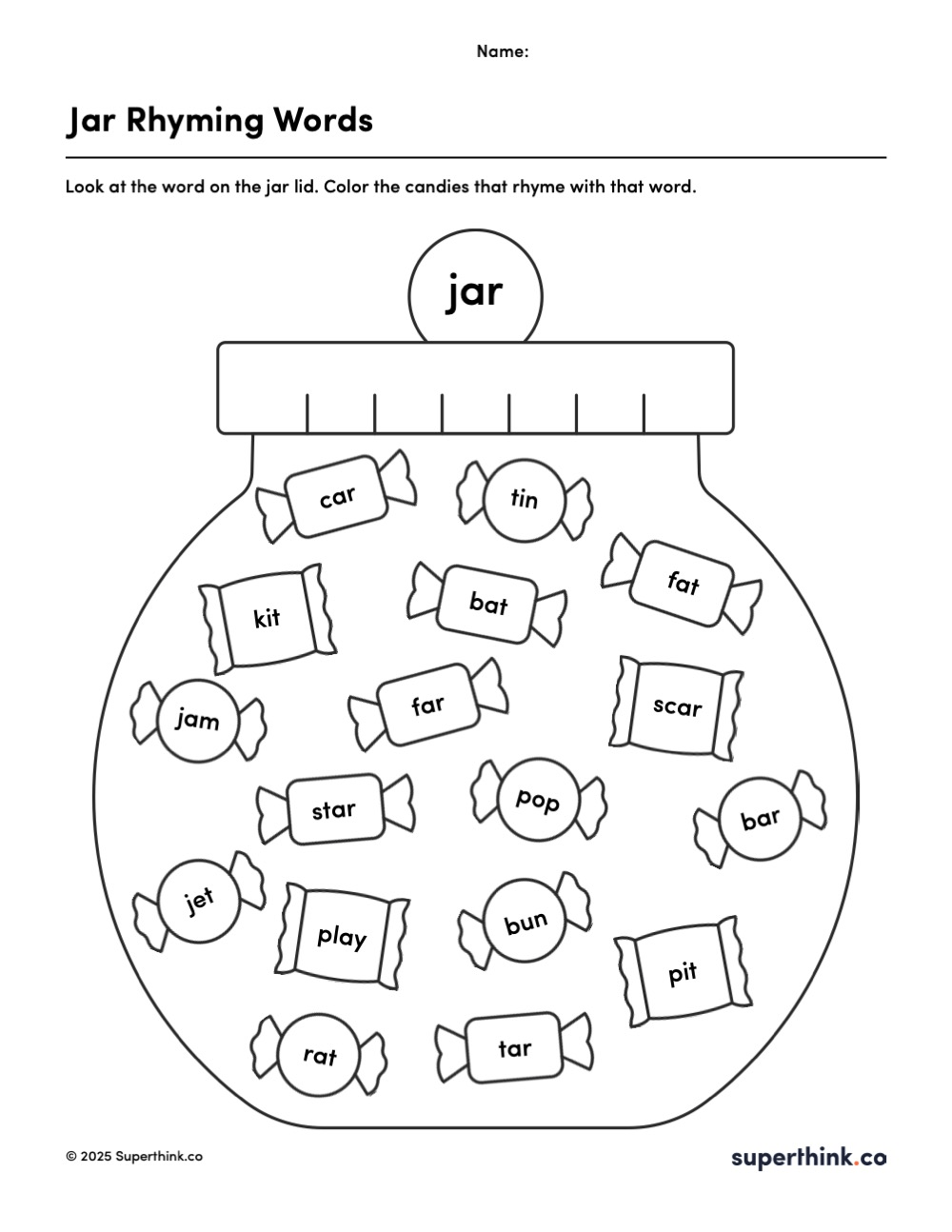 Jar rhyming words worksheet for kindergarten showing a jar labeled “jar” with candy words inside. Students color the candies that rhyme with jar, including car, bar, far, star, and tar.