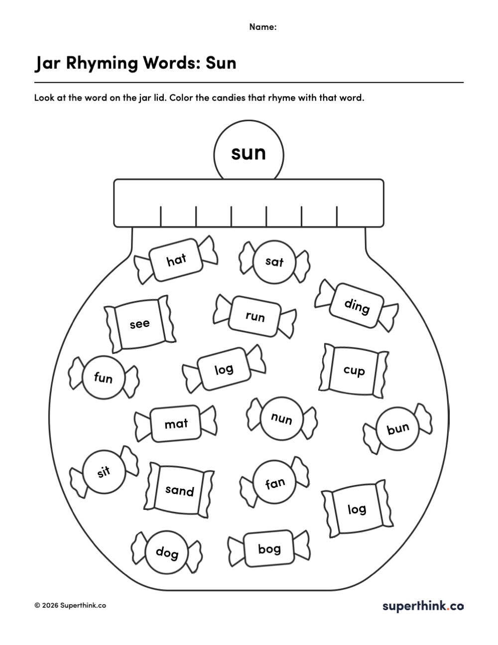 Jar rhyming words worksheet for kindergarten showing a jar labeled “sun” with candy words inside. Students color the candies that rhyme with sun, including fun, run, and bun.