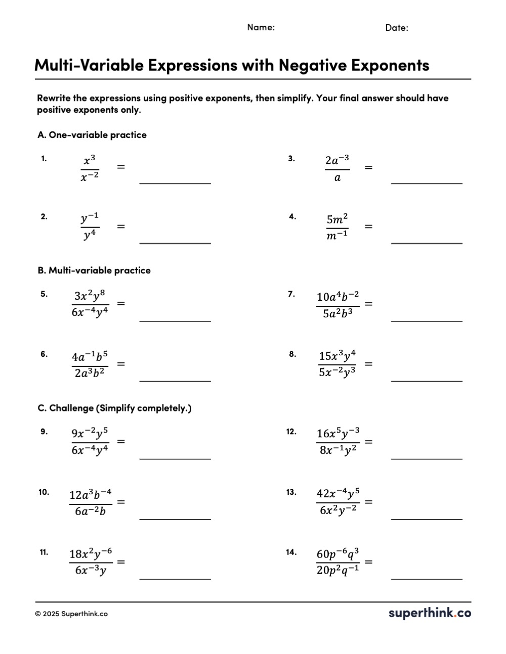 Printable worksheet with multi-variable expressions using negative exponents, including one-variable practice, multi-variable problems, and challenge expressions for simplifying with positive exponents only.