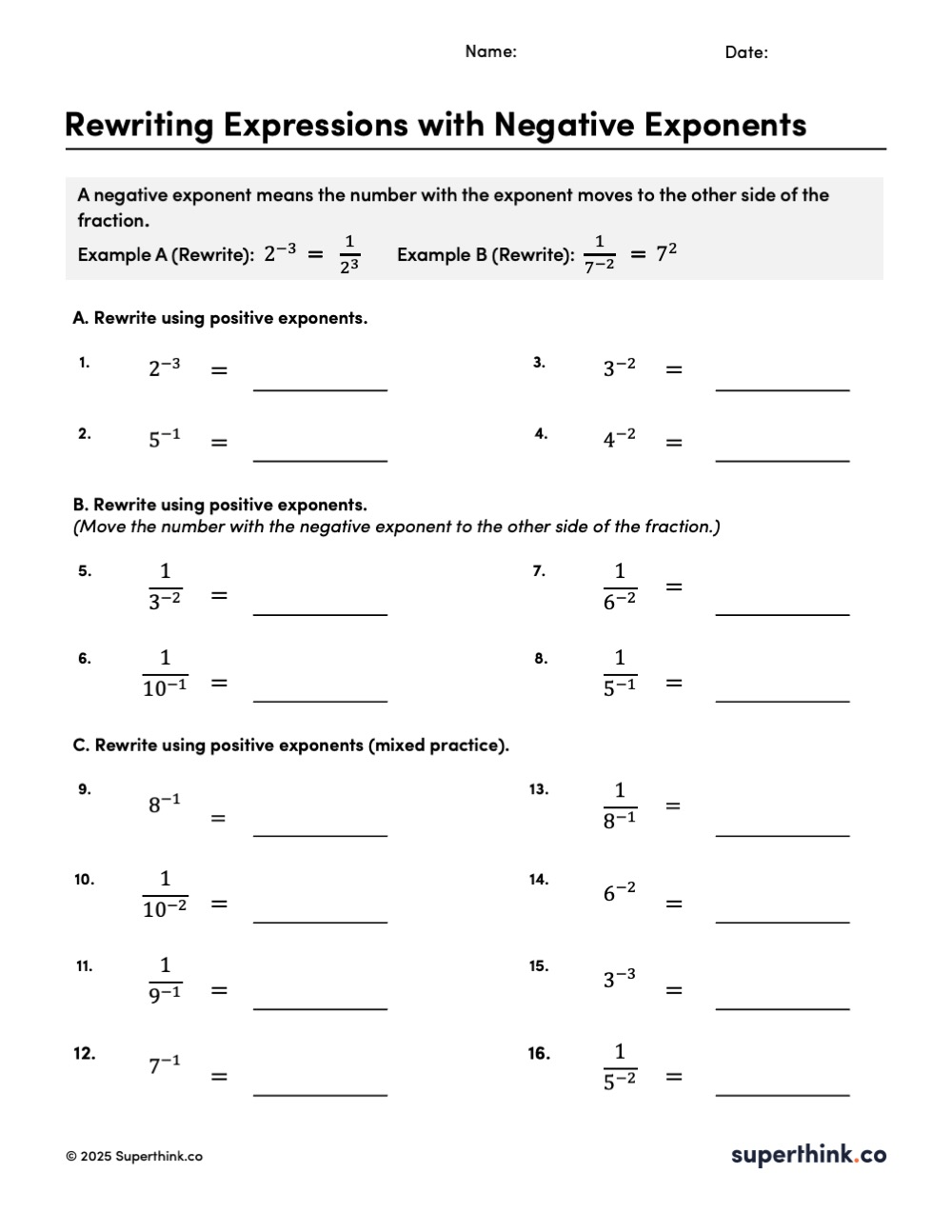 Printable rewriting expressions with negative exponents worksheet where students move numbers across fractions and rewrite powers using positive exponents only.
