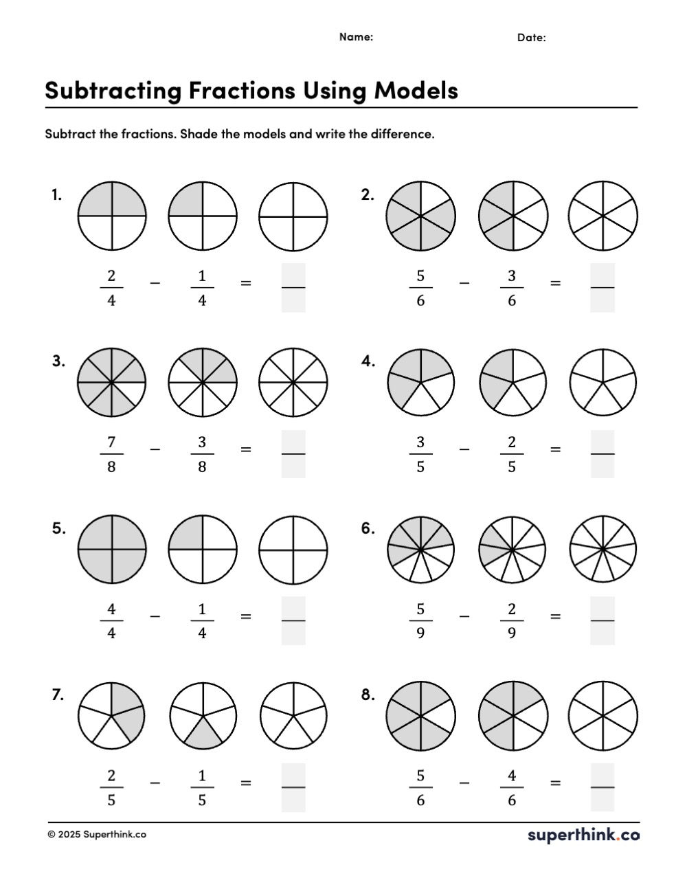 Printable subtracting fractions using models worksheet with visual fraction circles and subtraction problems for upper elementary students.