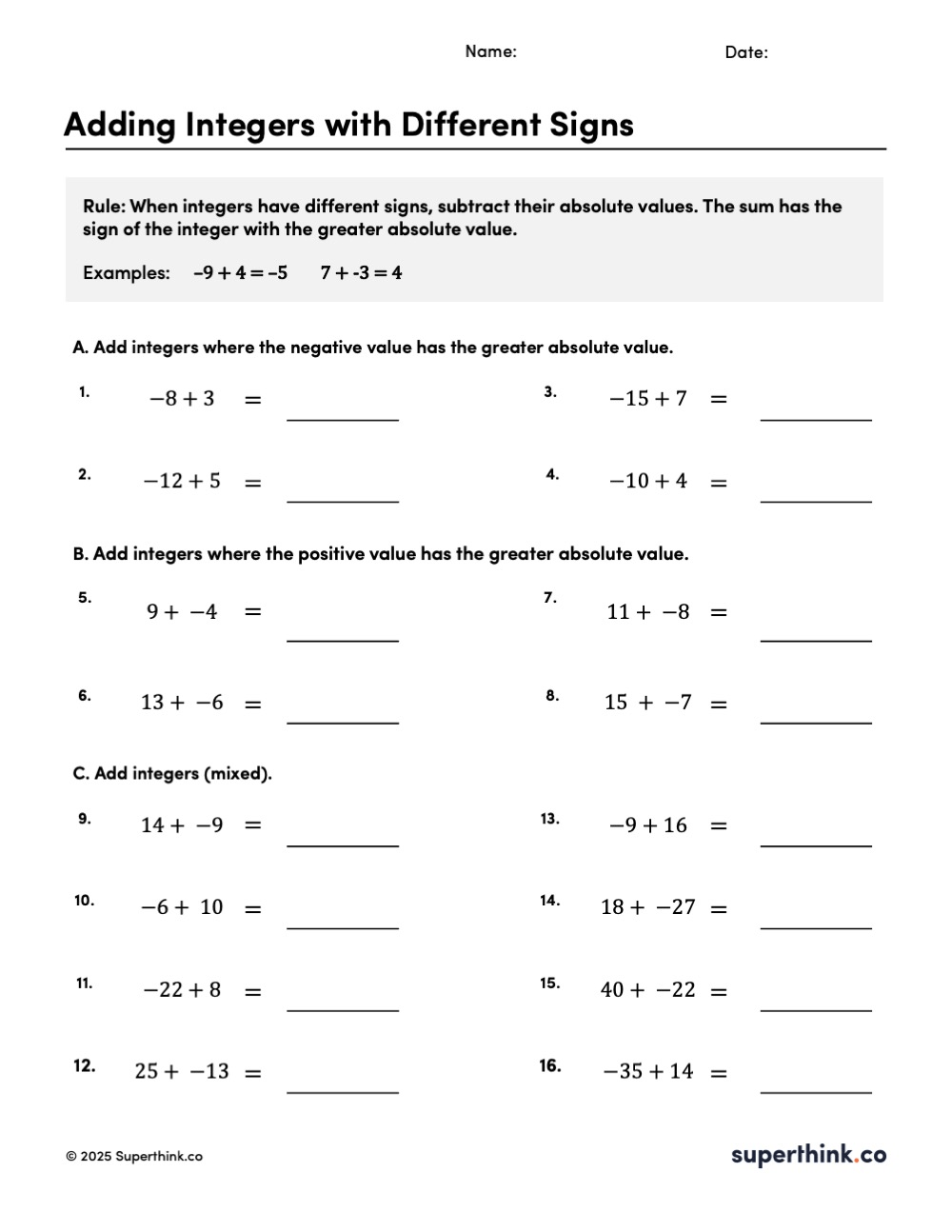 Adding integers with different signs worksheet showing positive and negative integer addition practice for pre-algebra students.