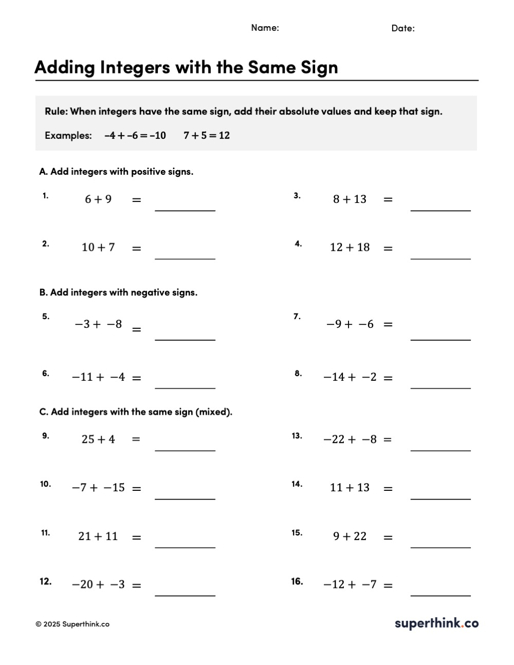 Adding integers with the same sign worksheet showing positive and negative integer addition practice for pre-algebra students.