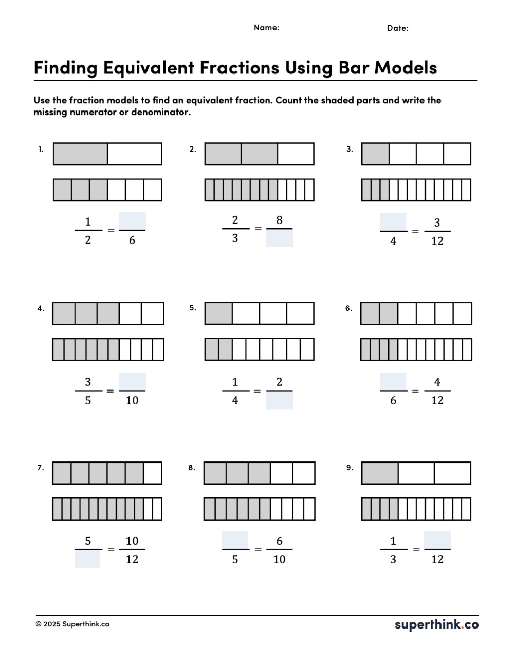 Printable equivalent fractions worksheet using bar models with shaded fraction strips. Students find equivalent fractions by filling in missing numerators or denominators. Black-and-white layout with 9 problems, each showing two stacked bar models and a fraction equation with a blank box.