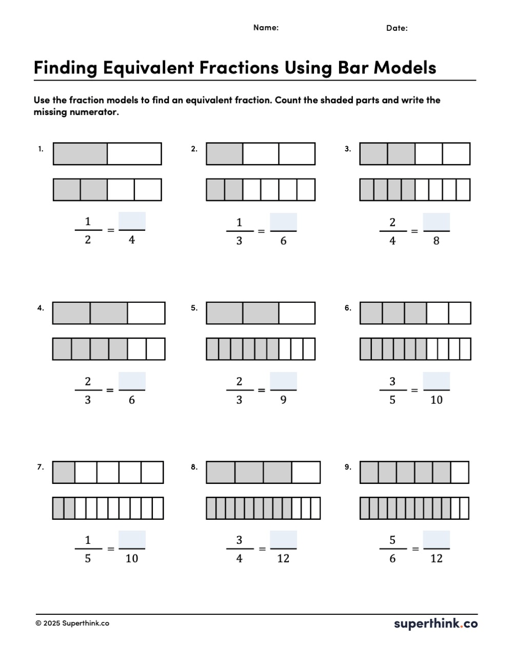 Printable finding equivalent fractions using bar models worksheet. Students count shaded parts in fraction bars to find the missing numerator and complete each equivalent fraction. Includes 9 problems with denominators up to 12 and space to write answers. Superthink.co.