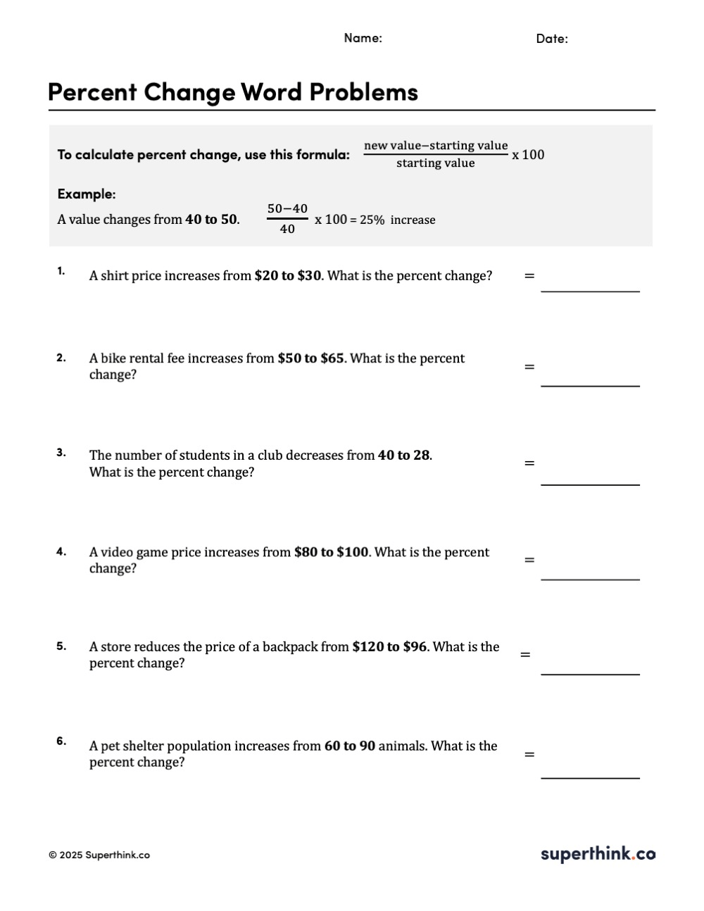 Percent change word problems worksheet with real-world examples, including price increases, price decreases, and population changes. Students calculate percent increase or percent decrease using the percent change formula. Printable math worksheet with space to show work.