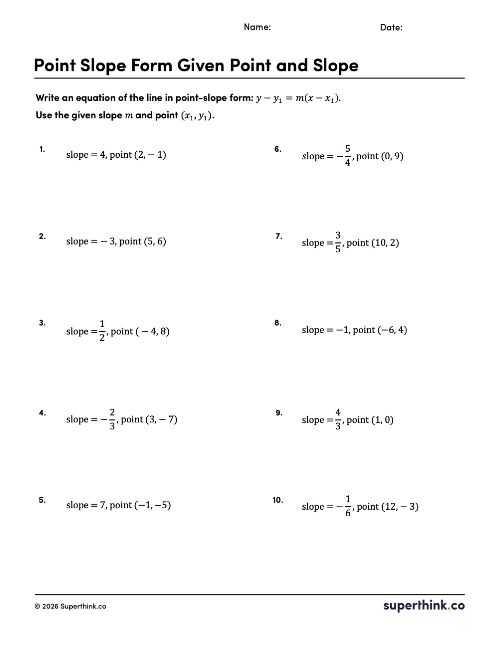Free printable Point Slope Form Given Point and Slope Worksheet. The page has ten numbered problems in two columns. Each problem gives a slope and a coordinate point and asks students to write the equation of the line in point-slope form. Problems include positive and negative slopes and points.