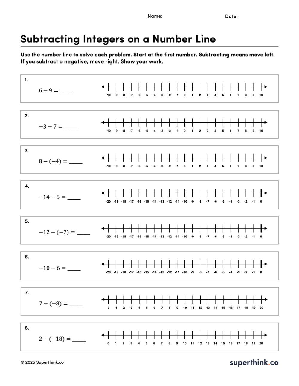 Printable subtracting integers on a number line worksheet. Black-and-white math page with bold title, simple directions, and eight integer subtraction problems, each paired with its own number line for showing work.