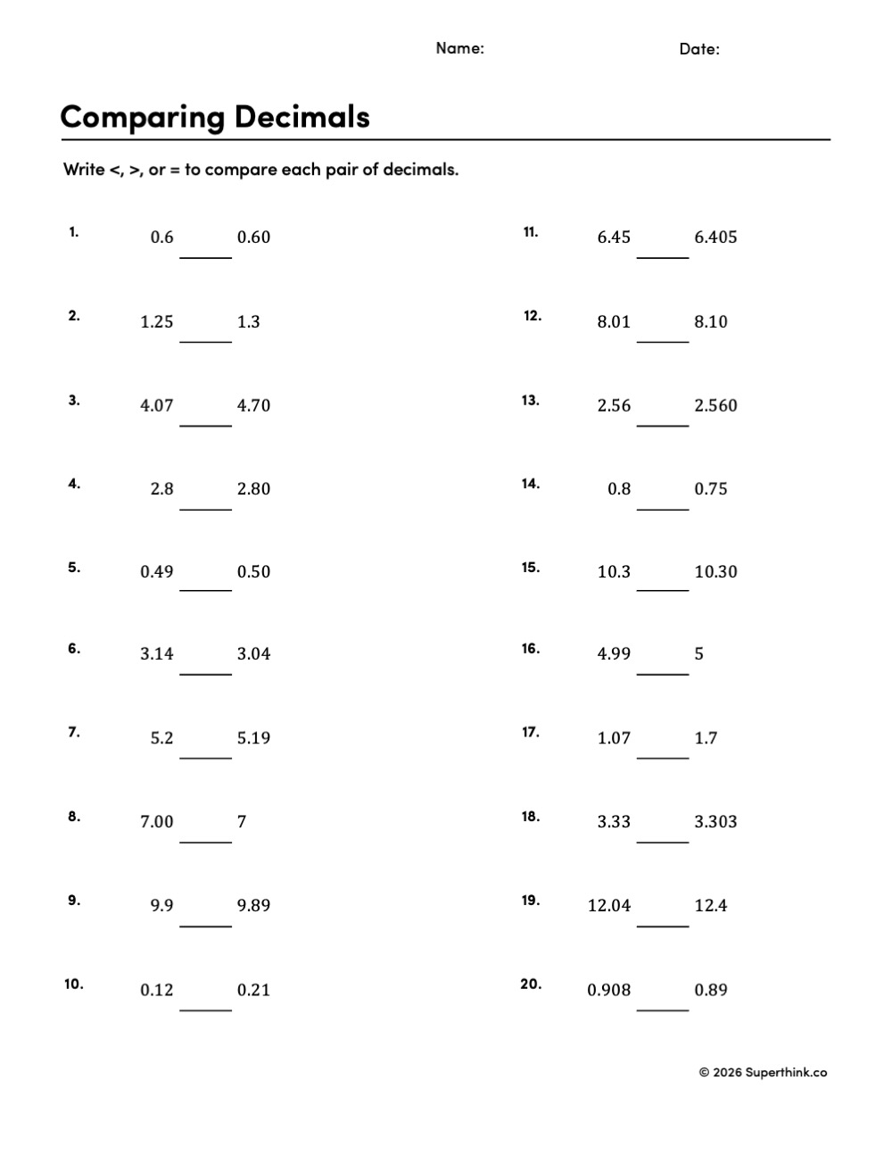Printable comparing decimals worksheet with 20 problems using less than, greater than, and equal signs for 4th and 5th grade math.