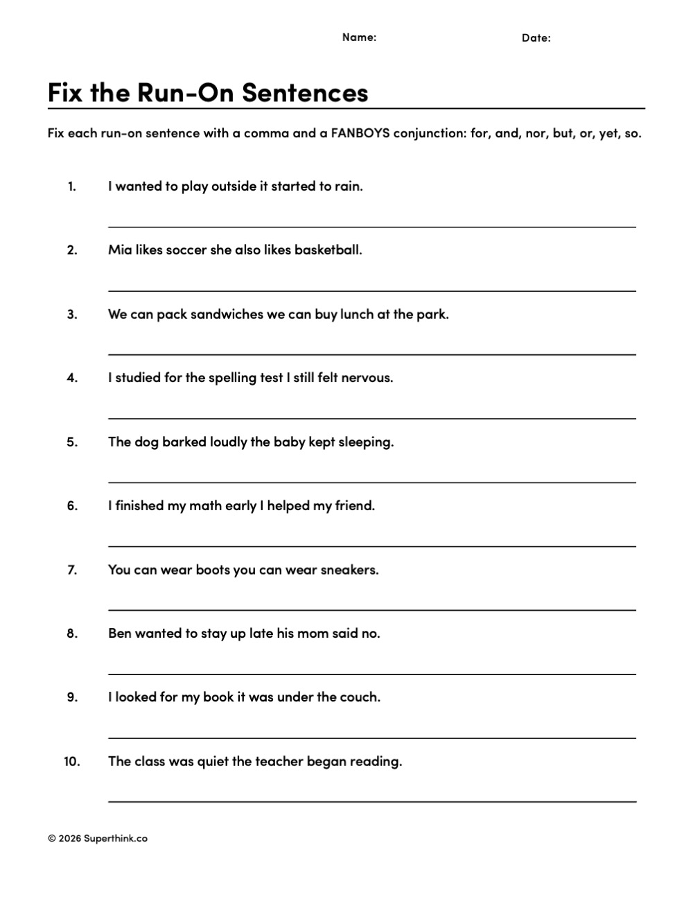 Grade 3 run-on sentences worksheet where students rewrite 10 run-ons using a comma and a FANBOYS conjunction.