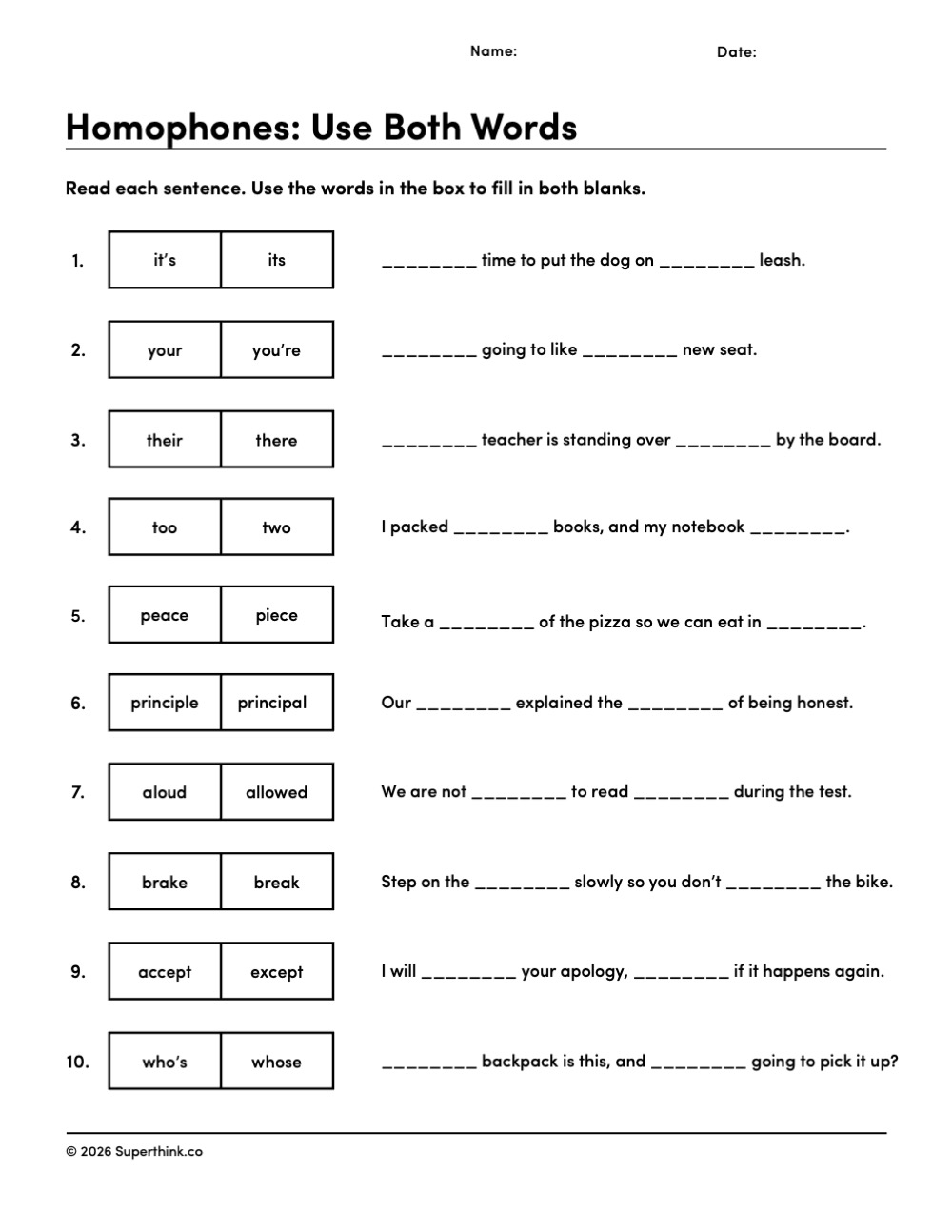 Homophones practice worksheet with 10 sentences where students use both words (it’s/its, your/you’re, peace/piece) to complete each sentence.