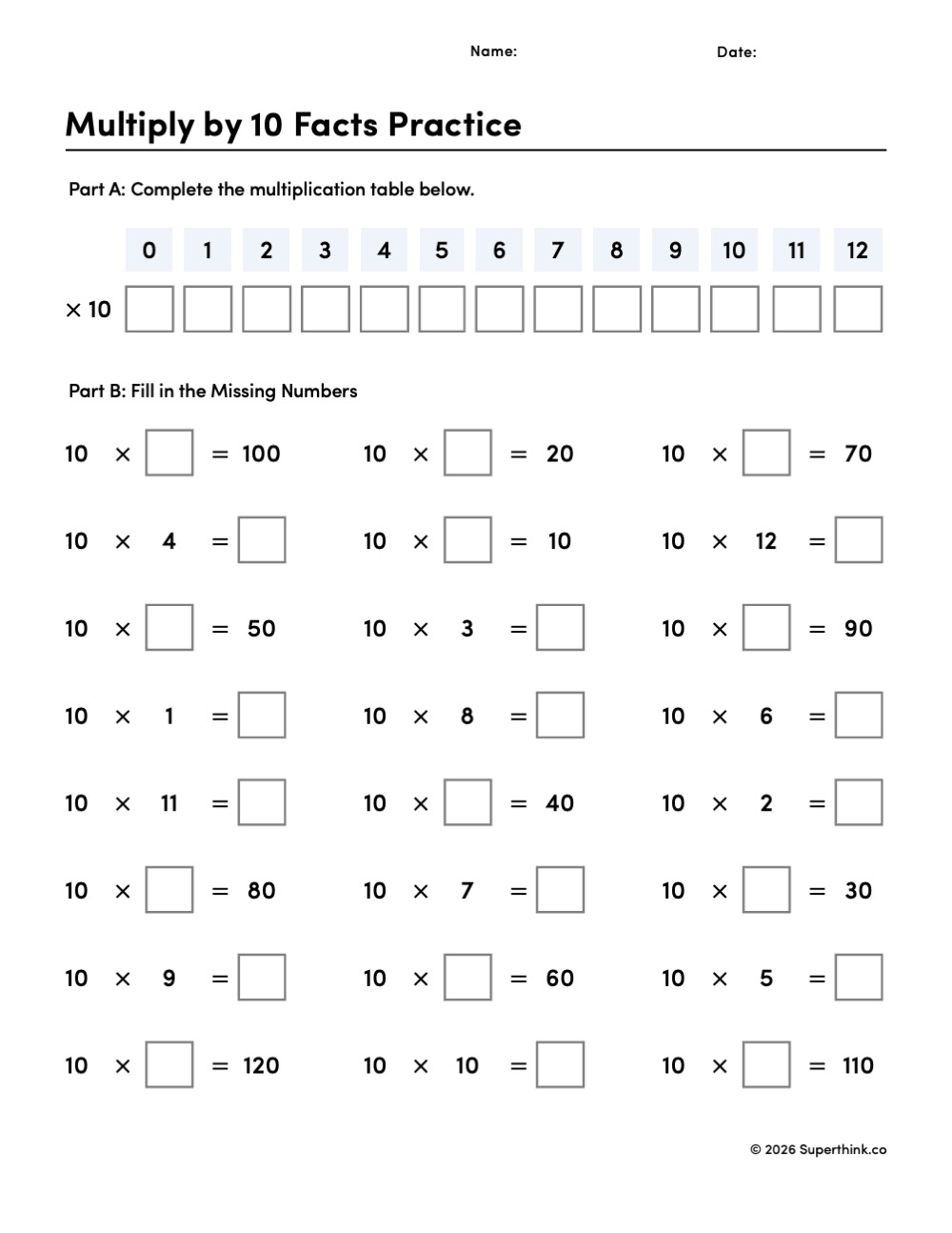 Printable multiply by 10 facts practice worksheet with a multiplication table and 24 missing-number problems for 2nd and 3rd grade math.
