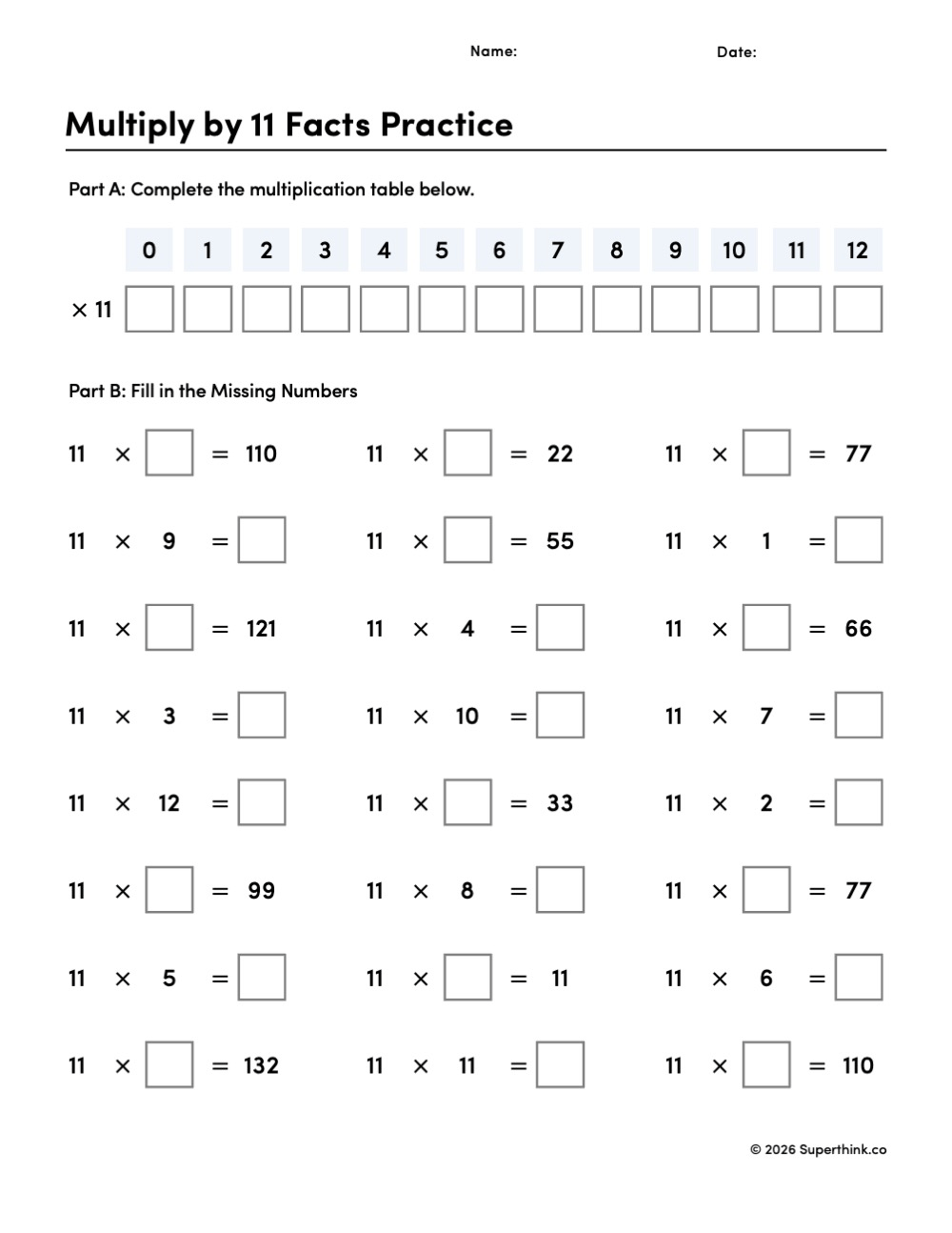 Printable multiply by 11 facts practice worksheet with a multiplication table and 24 missing-number problems for 3rd and 4th grade math.