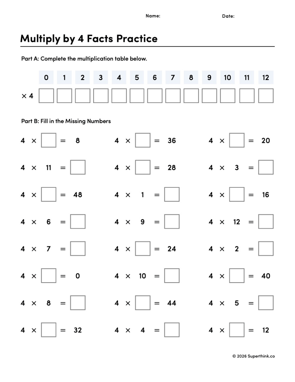Printable multiply by 4 facts practice worksheet with a multiplication table and 24 missing-number problems for 2nd and 3rd grade math.