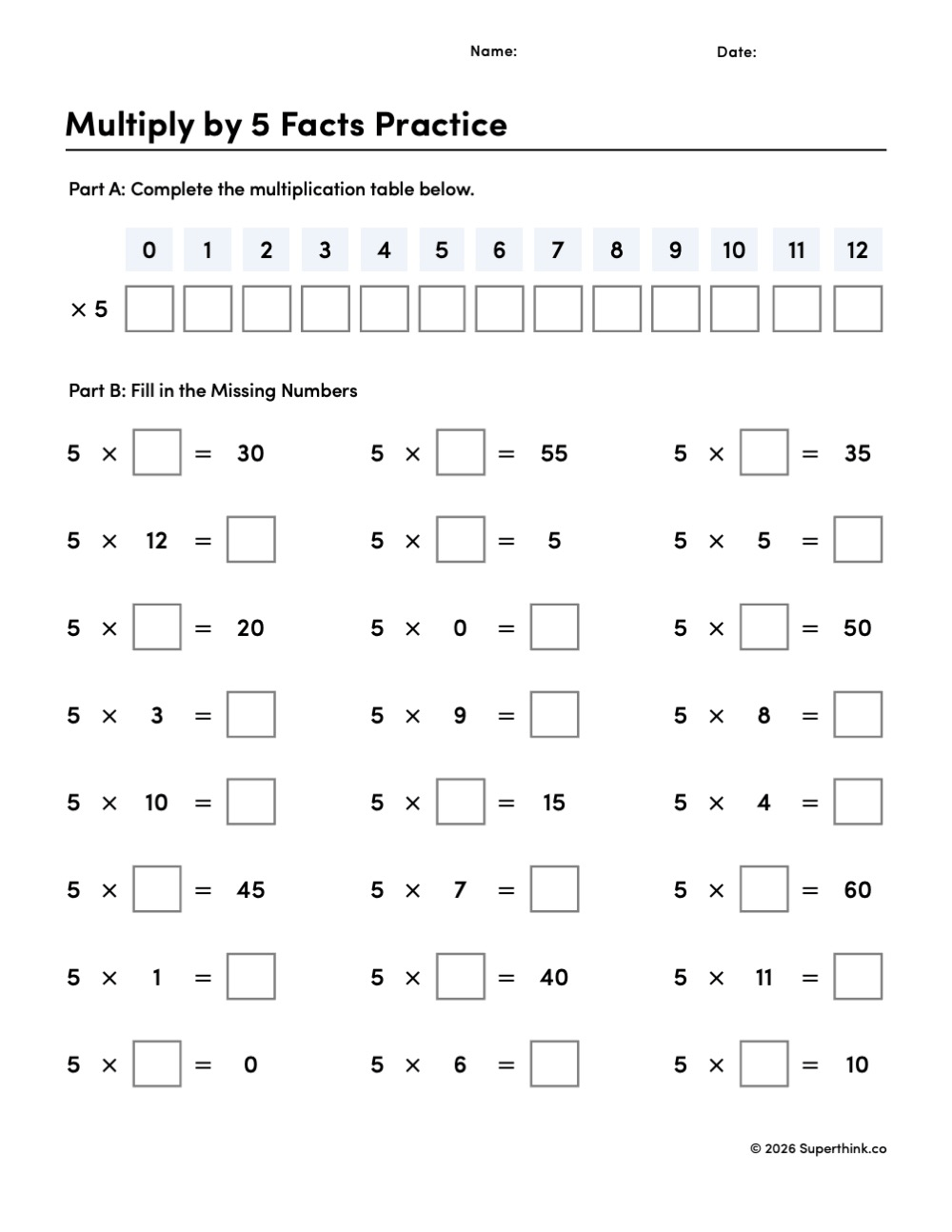 Printable multiply by 5 facts practice worksheet with a multiplication table and 24 missing-number problems for 2nd and 3rd grade math.
