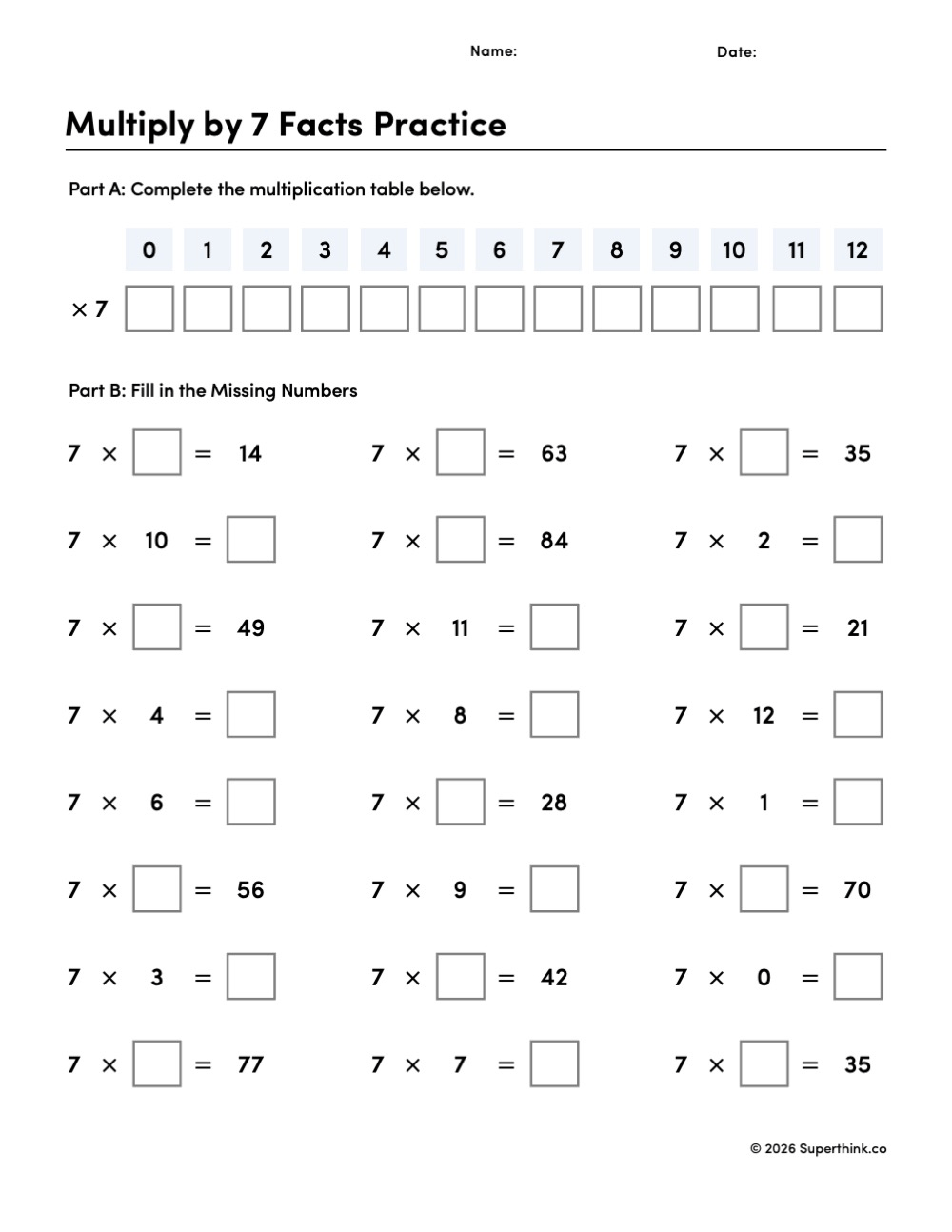 Printable multiply by 7 facts practice worksheet with a multiplication table and 24 missing-number problems for 3rd and 4th grade math.