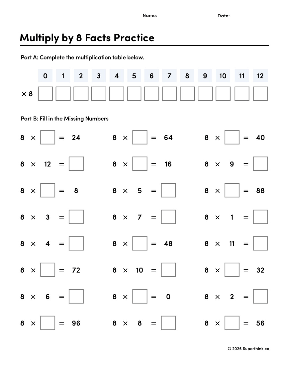 Printable multiply by 8 facts practice worksheet with a multiplication table and 24 missing-number problems for 3rd and 4th grade math.