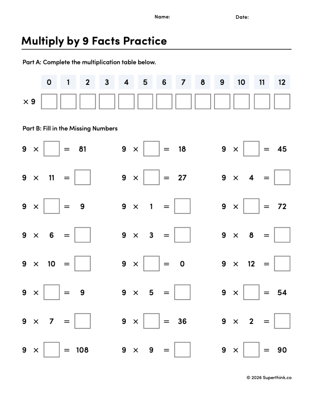 Printable multiply by 9 facts practice worksheet with a multiplication table and 24 missing-number problems for 3rd and 4th grade math.
