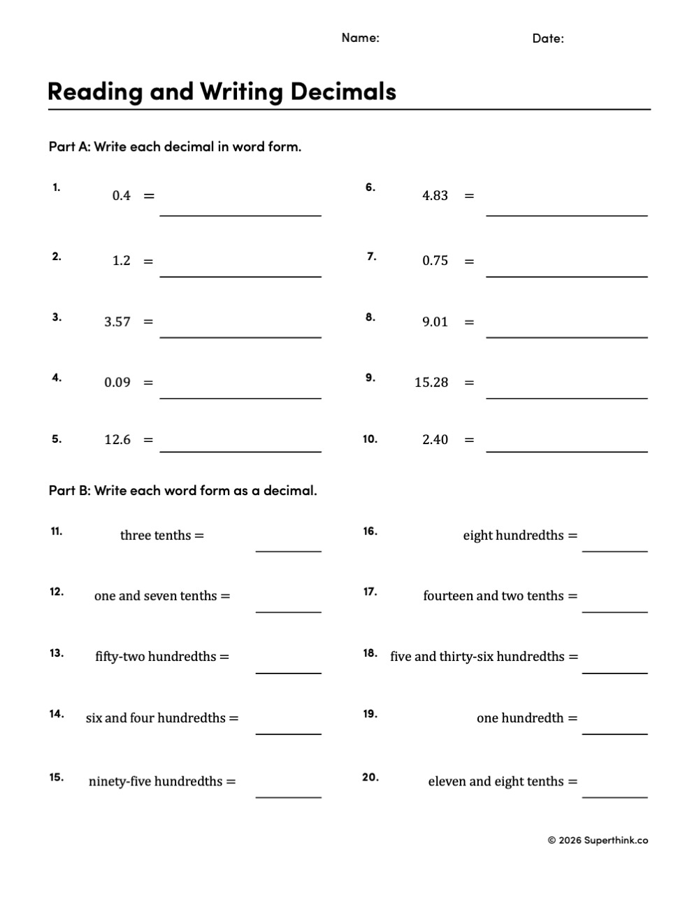 Printable reading and writing decimals worksheet with 20 problems on decimal word form and standard form for 4th and 5th grade math.