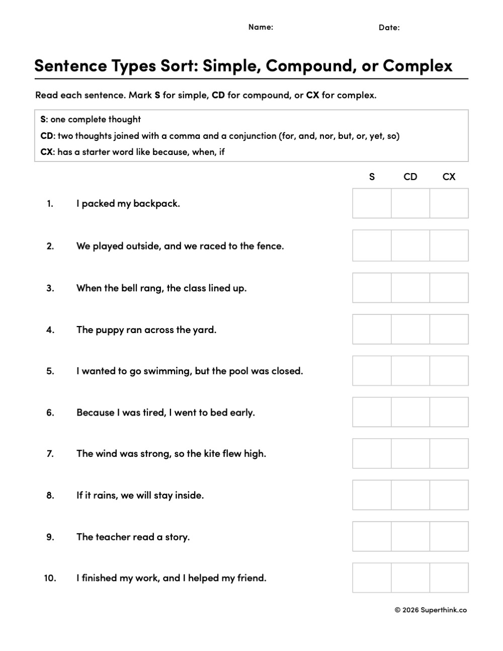 Grade 3 sentence types worksheet: simple, compound, or complex sentences (S, CD, CX) with 10 practice sentences.