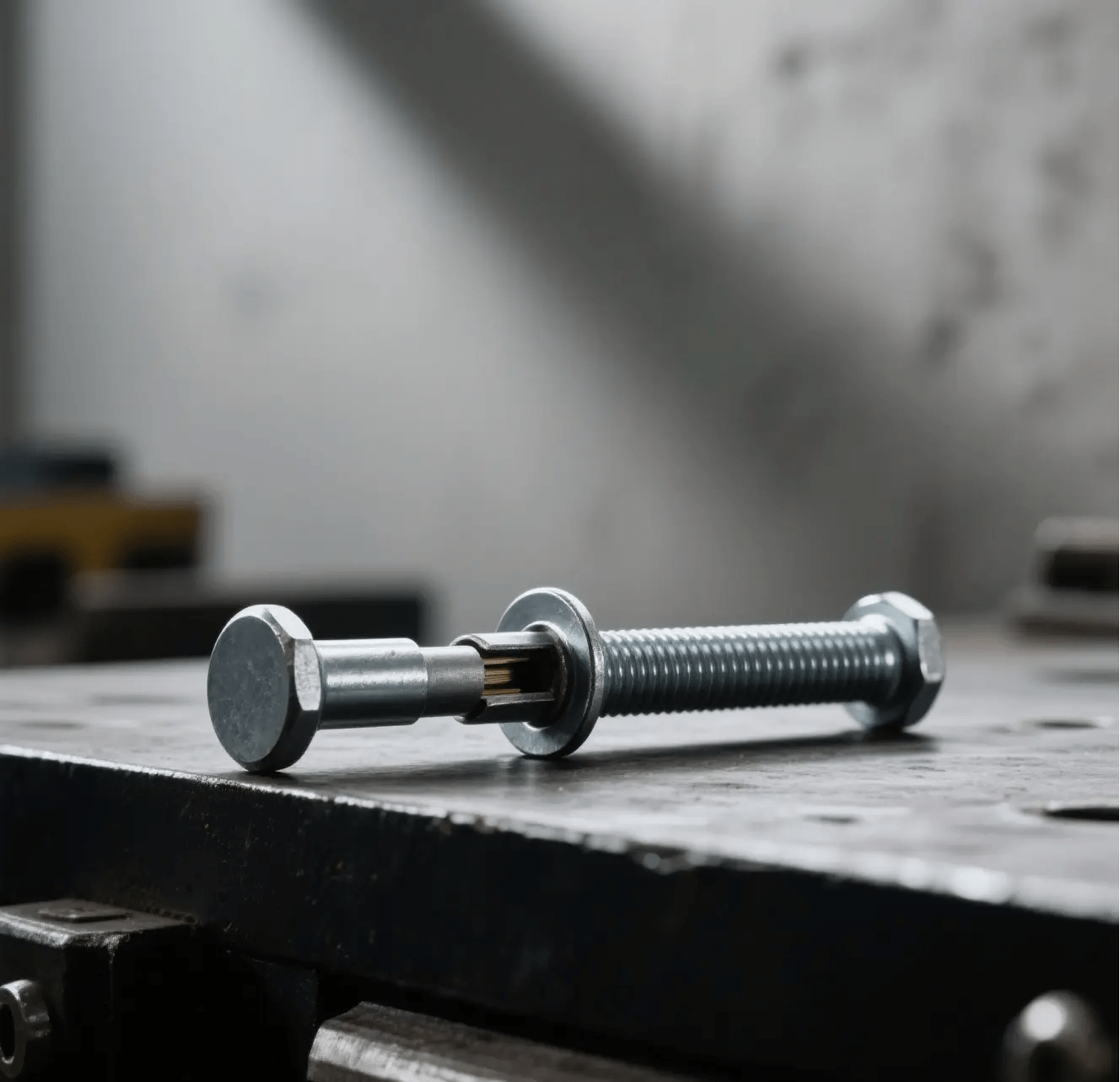 Close-up of a metal rivet with a washer rests on a dark, slightly reflective surface.