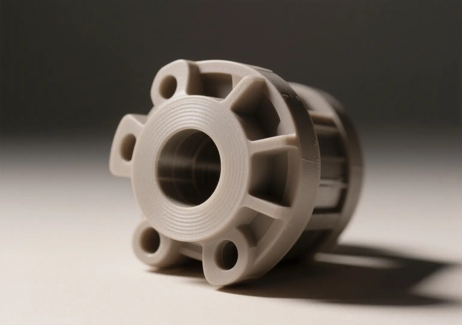Close-up of a gray, cylindrical mechanical component with multiple slots and holes, produced using TPE injection molding.