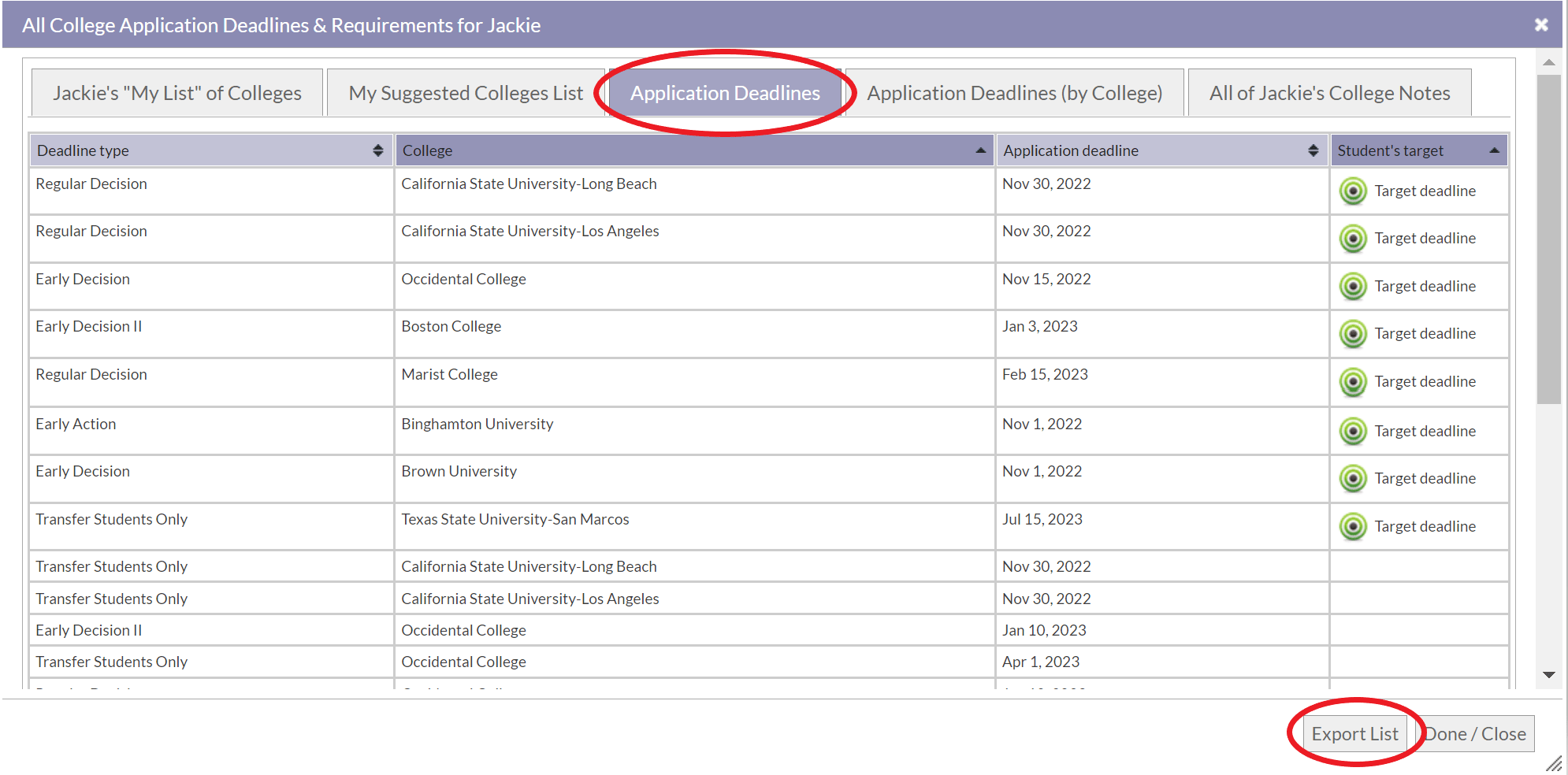How do i view / print all college deadlines for an individual student?