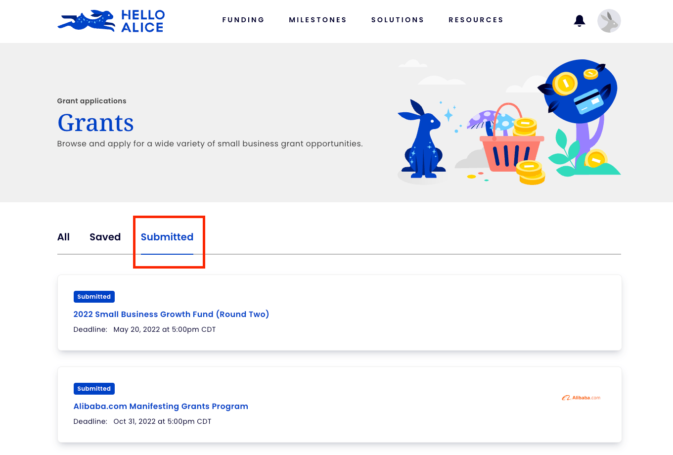 How can i view my grant application in my hello alice account?