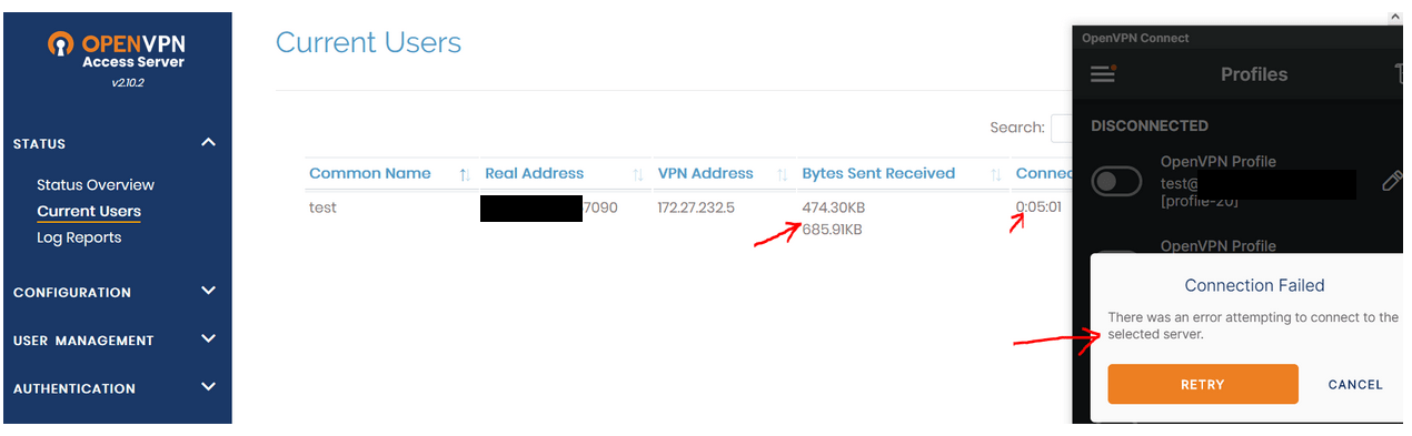 Access server: how to configure/test automatic client inactivity disconnect threshold