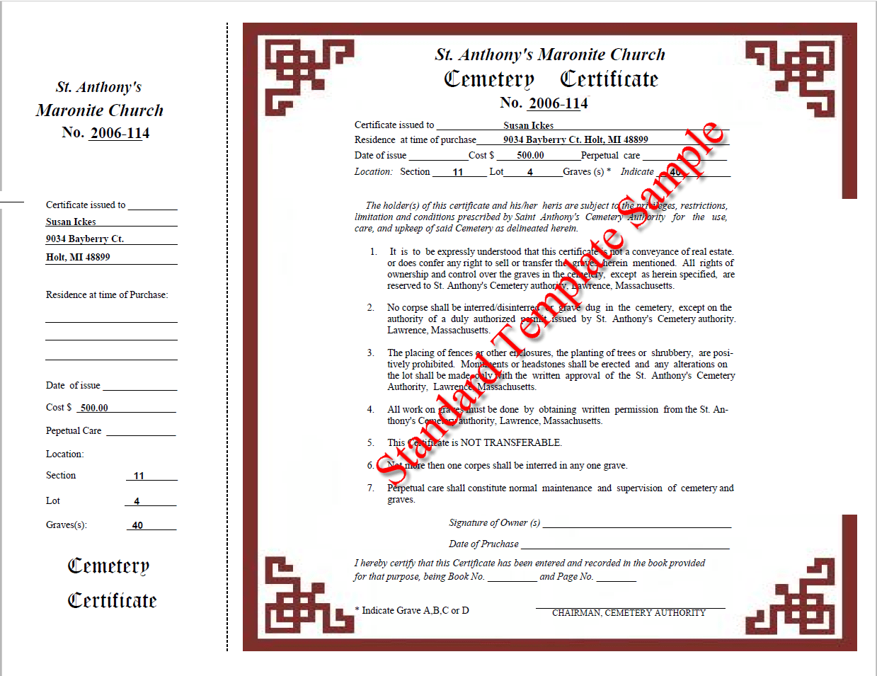 cemetery receipt template