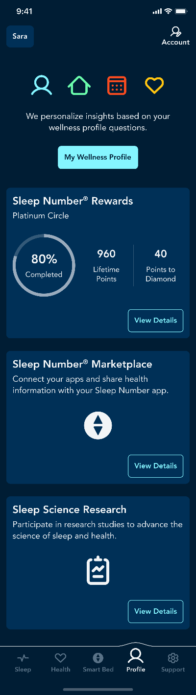 Sleep number® app: profile tab