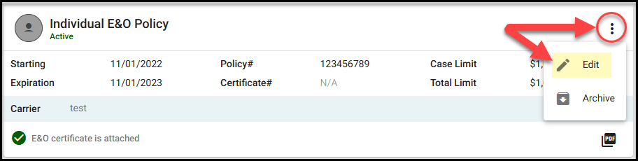 How do i update an e&o policy on a producer's profile?