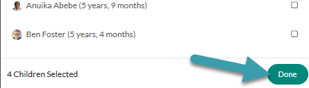 Screenshot of done button to confirm attached children