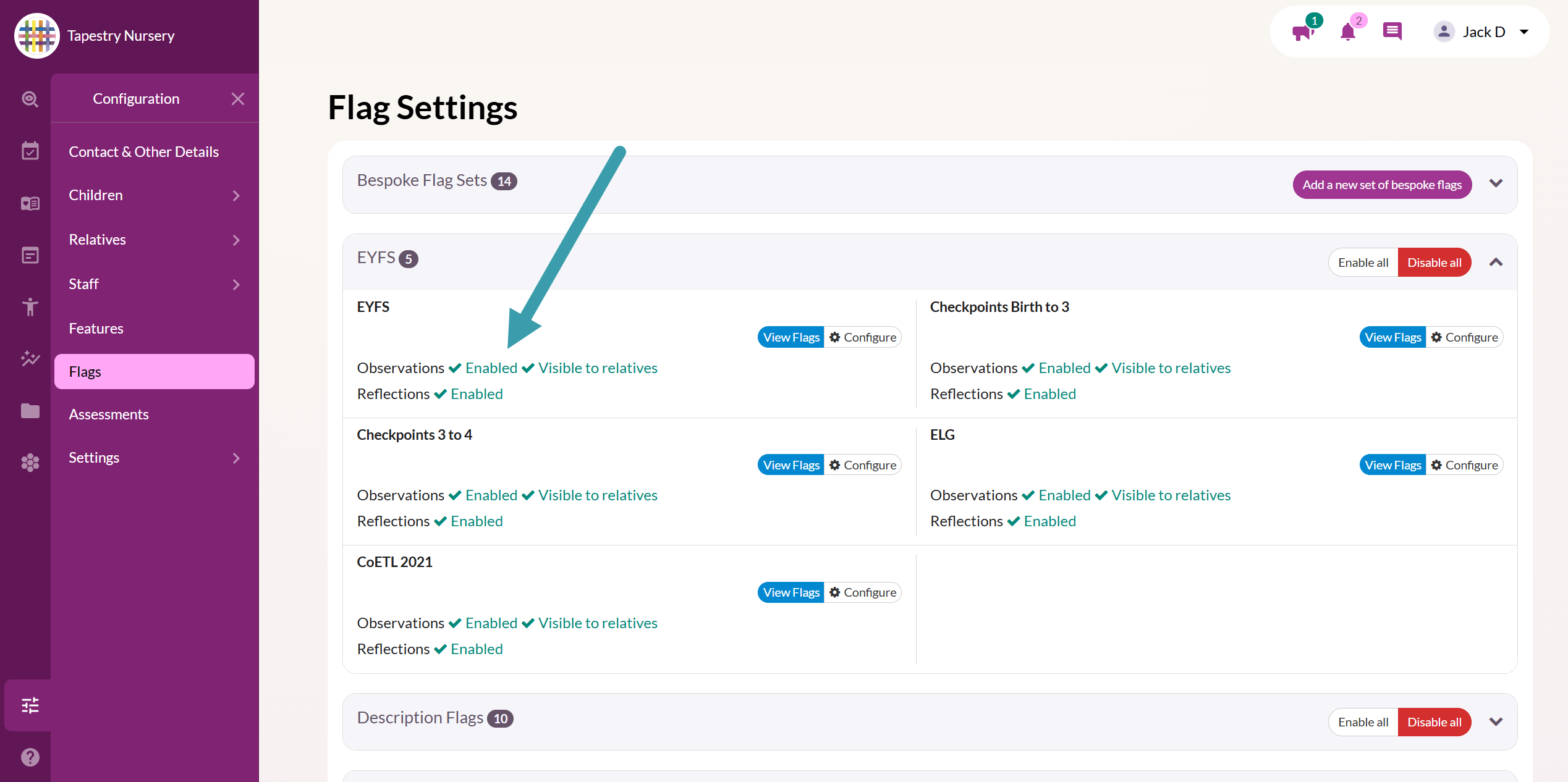 screenshot from Tapestry showing the eyfs flags have been enabled