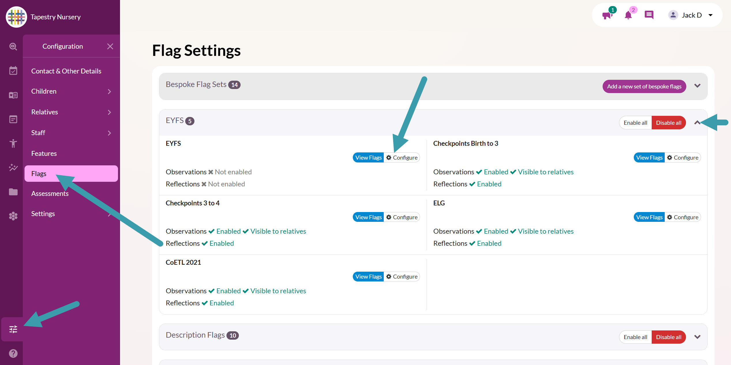 screenshot from Tapestry showing how to access the EYFS flag set