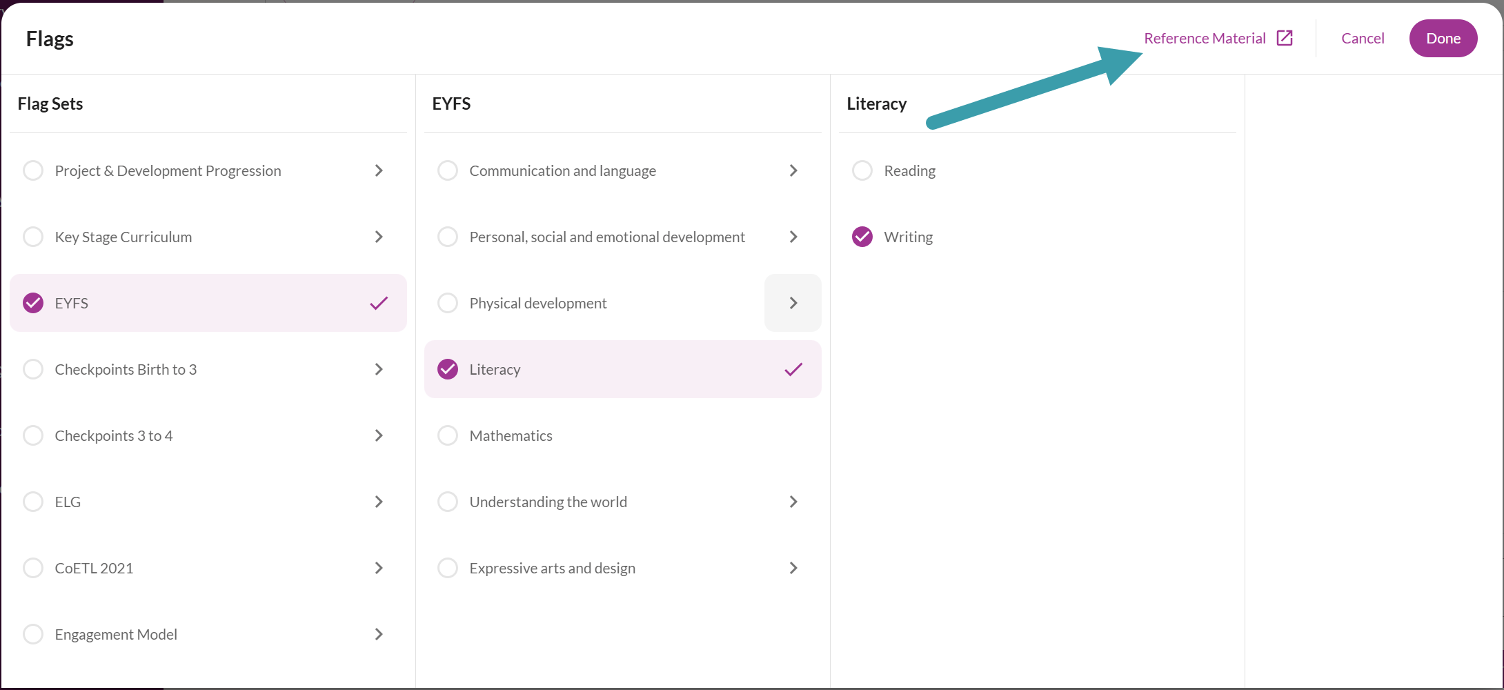 screenshot from Tapestry showing the reference material button