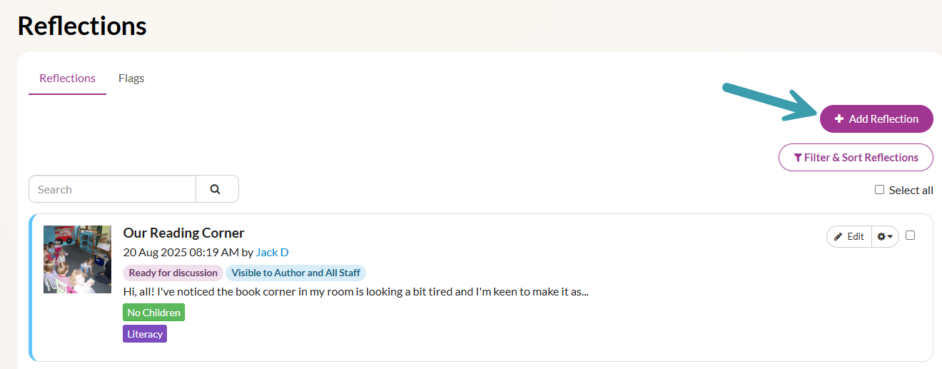 Screenshot of button to add reflection
