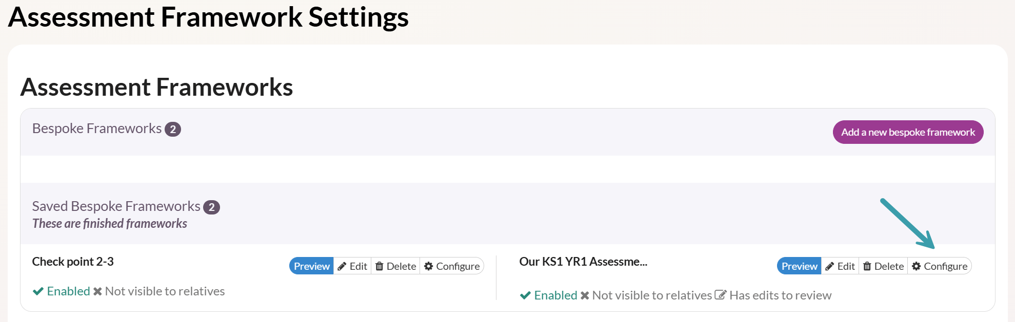 This screen shows you where to disable a bespoke framework