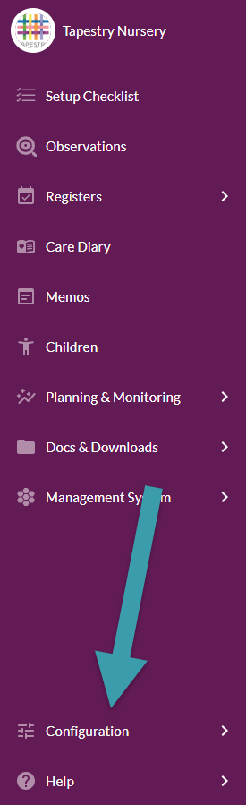 Screenshot with an arrow highlighting the Configuration menu.