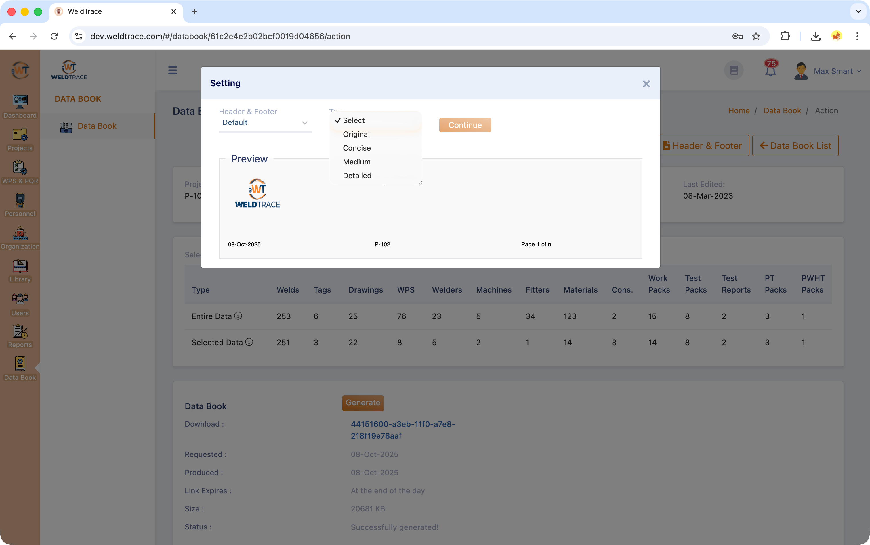 Generate the data book or mdr in weldtrace