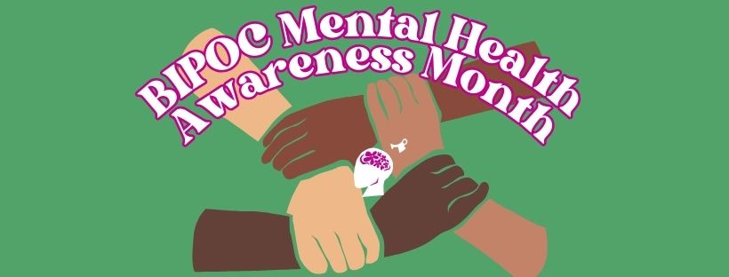 BIPOCMentalHealthAwarenessMonthwithImageofDifferentShadesofBrownSkinHandsConnectingandaHeadwithFlowersBeingWateredintheMiddle