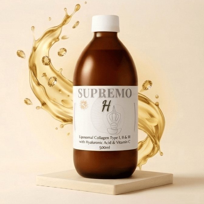 Bottle of Supremo Liposomal H on a display stand