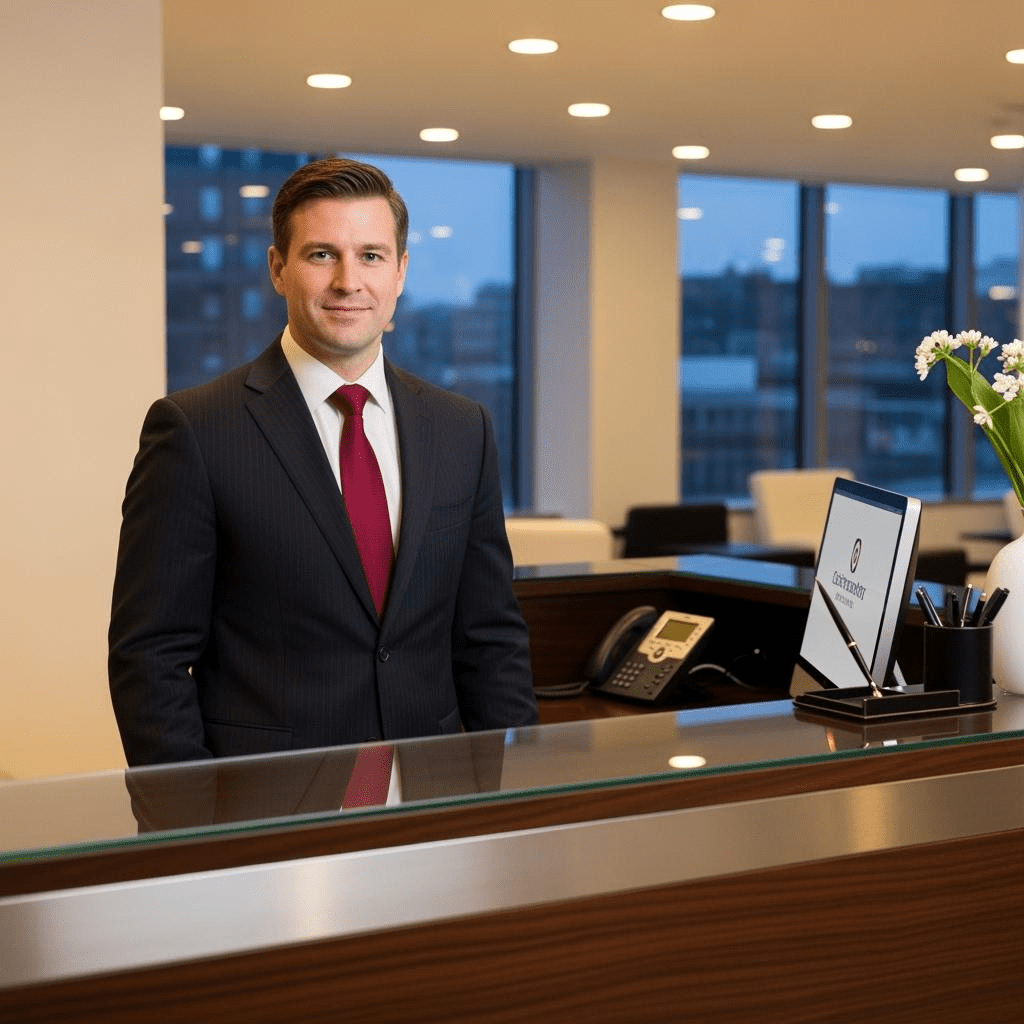 man at reception desk