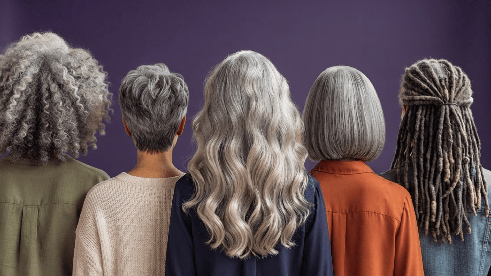 Back view of diverse women showcasing natural gray, silver, and textured hair styles.