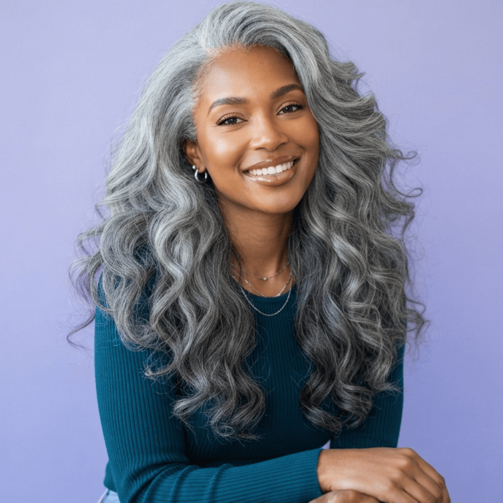 Smiling woman with voluminous long gray and silver hair wearing a dark teal top.